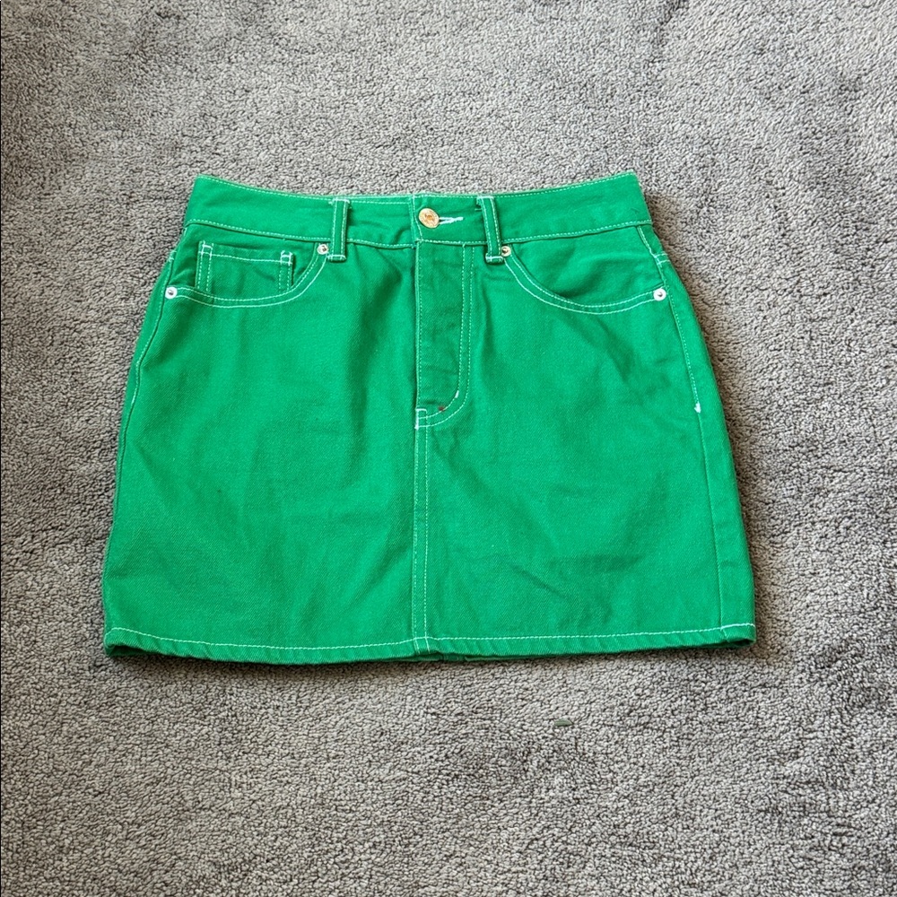 Forever 21 Kelly Green Denim Mini Skirt High Rise Jean Skirt SIZE S